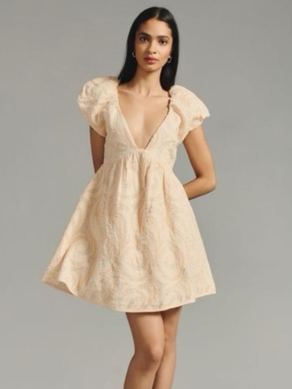 Anthropologie Deep V Puff Sleeve Dress in Peach